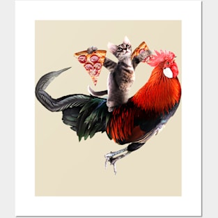 Cat with 2 Pizza Slices Riding Rooster Posters and Art